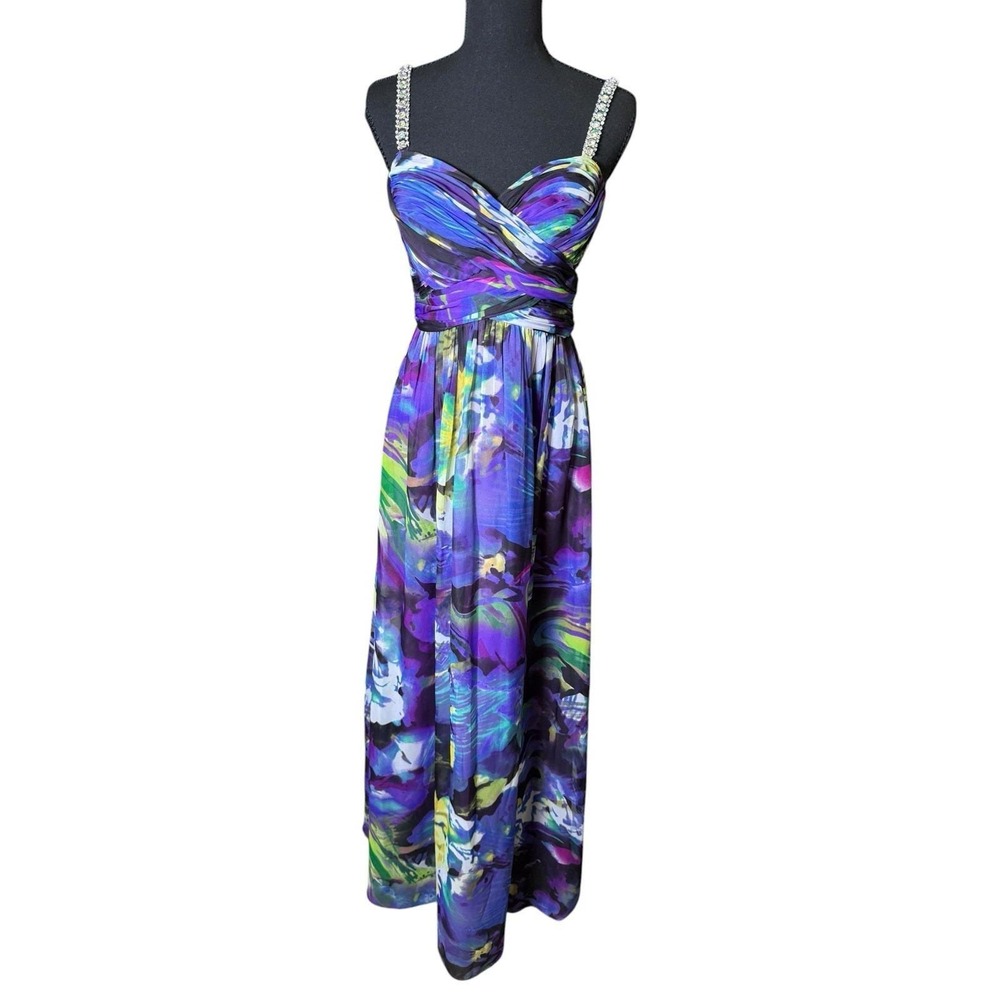 Oleg Cassini Maxi Dress Womens 4 Purple Excellent Rhinestone Abstract 21431